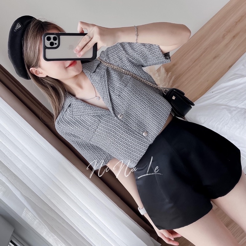 Bộ áo dạ crop cổ vest kèm short tac ta cạp cao shop nina le