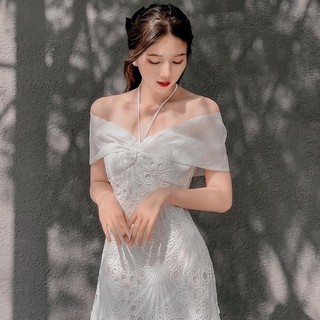 Đầm maxi thiết kế bẹt vai khoét ngực, vải ren phối tơ, váy nữ dự tiệc cao cấp, màu trắng, đi chơi sang trọng