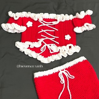 Sabrina girl💋 áo len crochet phiên bản Giáng Sinh trễ vai nhún bèo đỏ quyến rũ