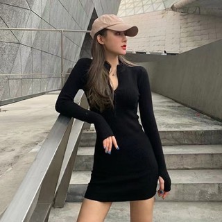 Kii Wii Đầm Dệt Kim Ngắn Dáng Ôm Màu Sắc Đơn Giản Có Khóa Kéo Phong Cách Hàn Quốc Thời Trang Mùa Thu Cho
