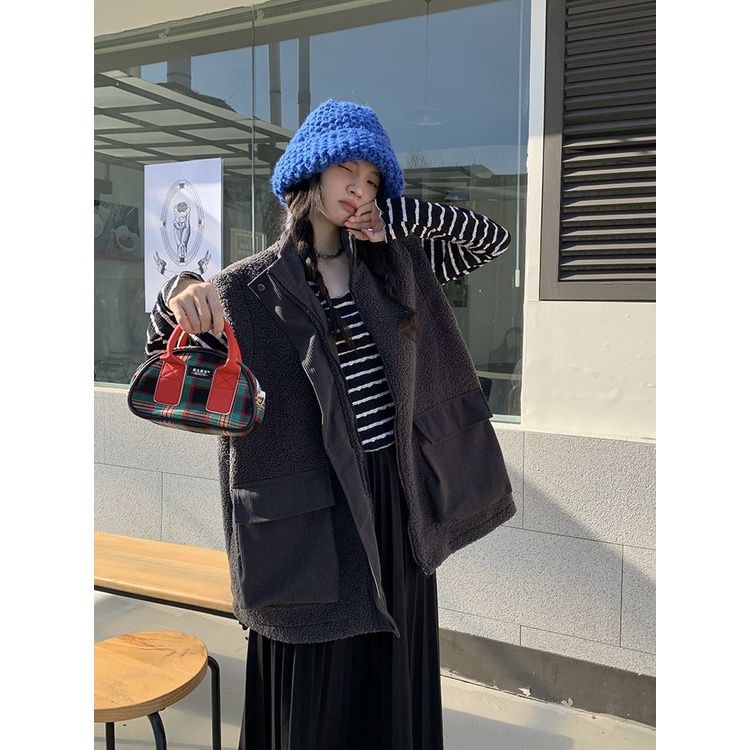 Áo Khoác Len Lông Cừu Giả Size Lớn Phong Cách Lười Retro Mùa Thu Đông