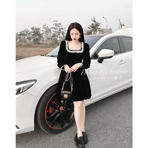 Váy nhung cổ vuông viền ren tiểu thư công chúa siêu xinh