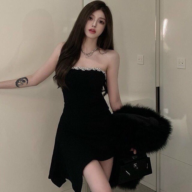 🎀 Đầm ống nữ đen ôm body lệch tà , váy quây ngực đính cườm khoá kéo sexy 🎀