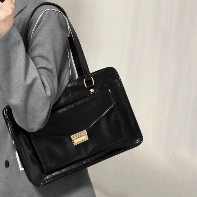 SHI CHEN Túi Xách Da pu Bóng Màu Đen Bóng Thời Trang vintage Nhật Bản Giản Dị Đa Ứng Dụng