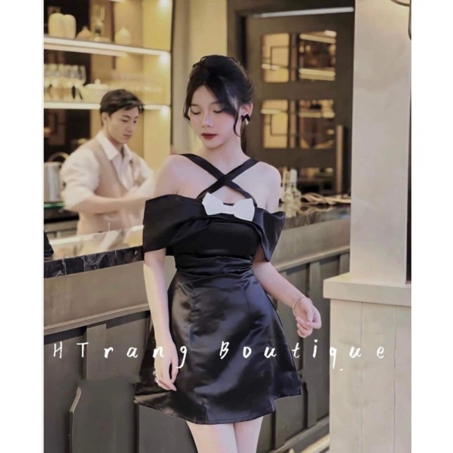 Đầm tapta trễ vai phối nơ xinh
