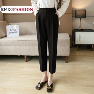 Quần tây nữ baggy 2 cúc EMIX (màu đen), dáng dài, cạp cao, bản to, form rộng, lưng chun, vải tuyết mưa, mềm mịn 066
