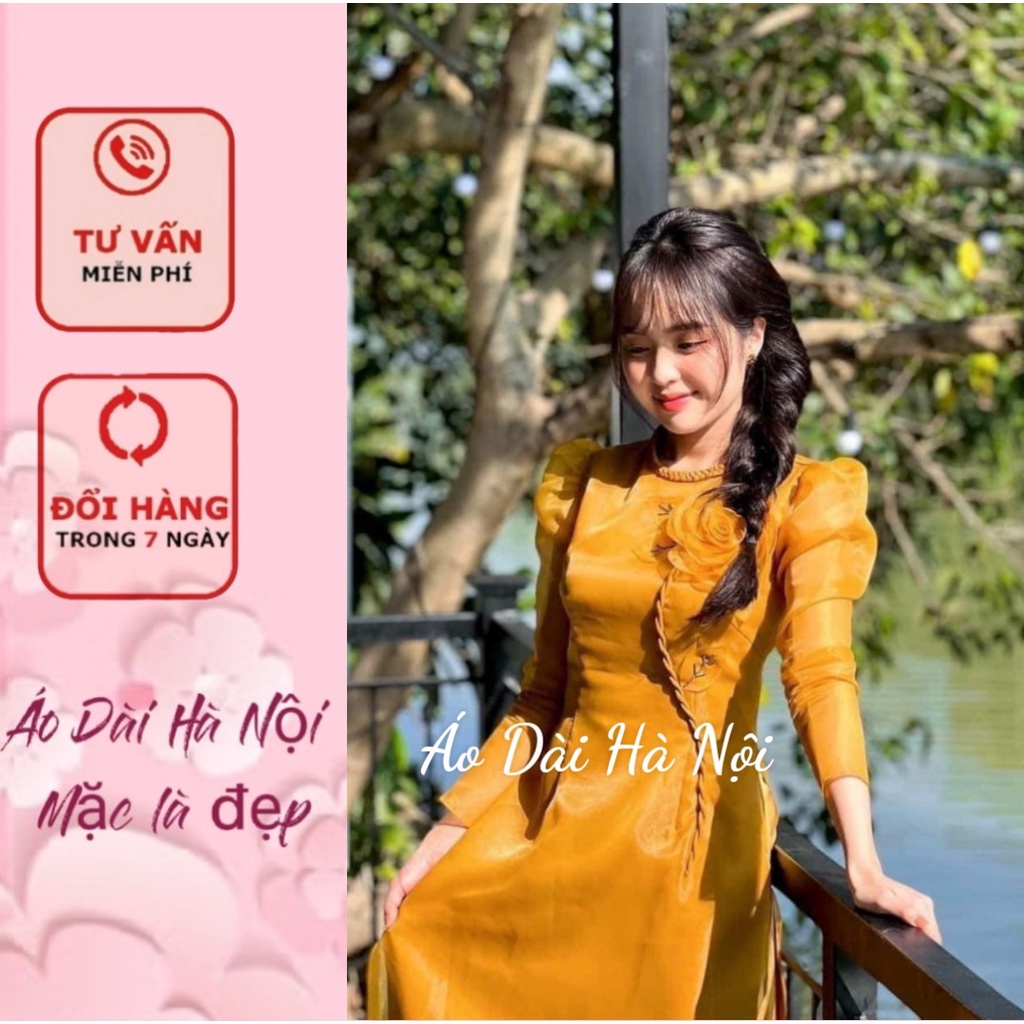 Áo dài 4 tà màu vàng đồng tay phồng tết cổ xinh và sang - Áo Dài Hà Nội