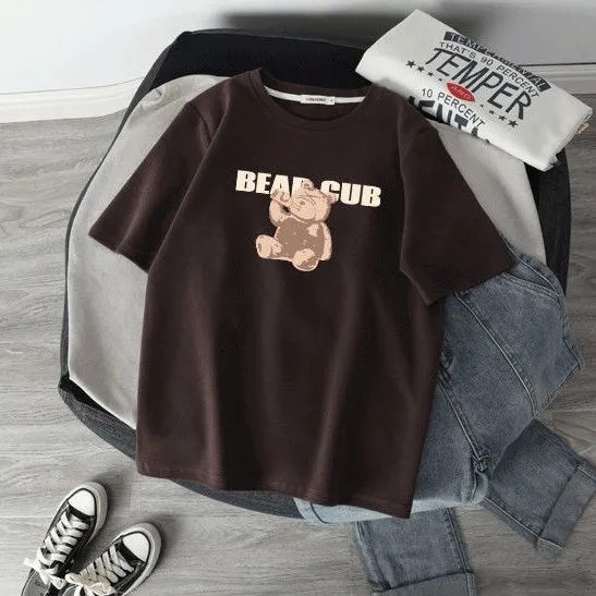 Áo thun SUXI tay ngắn dáng rộng dày dặn in họa tiết chú gấu dễ thương thời trang thu đông cho nữ