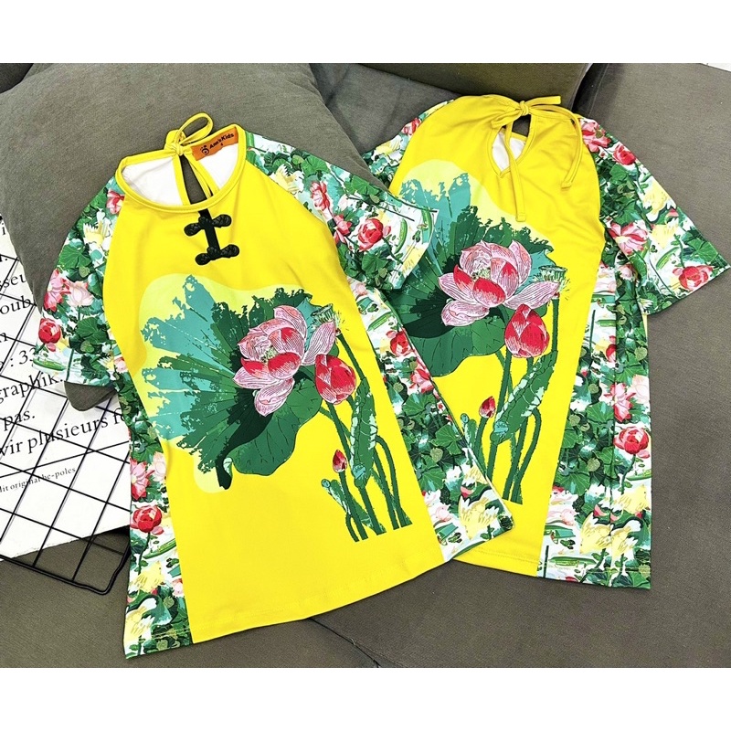 22-40kg | Đầm bé gái giả ÁO DÀI cách tân hoạ tiết TẾT, thun lạnh loại 1 (có size nhỏ)