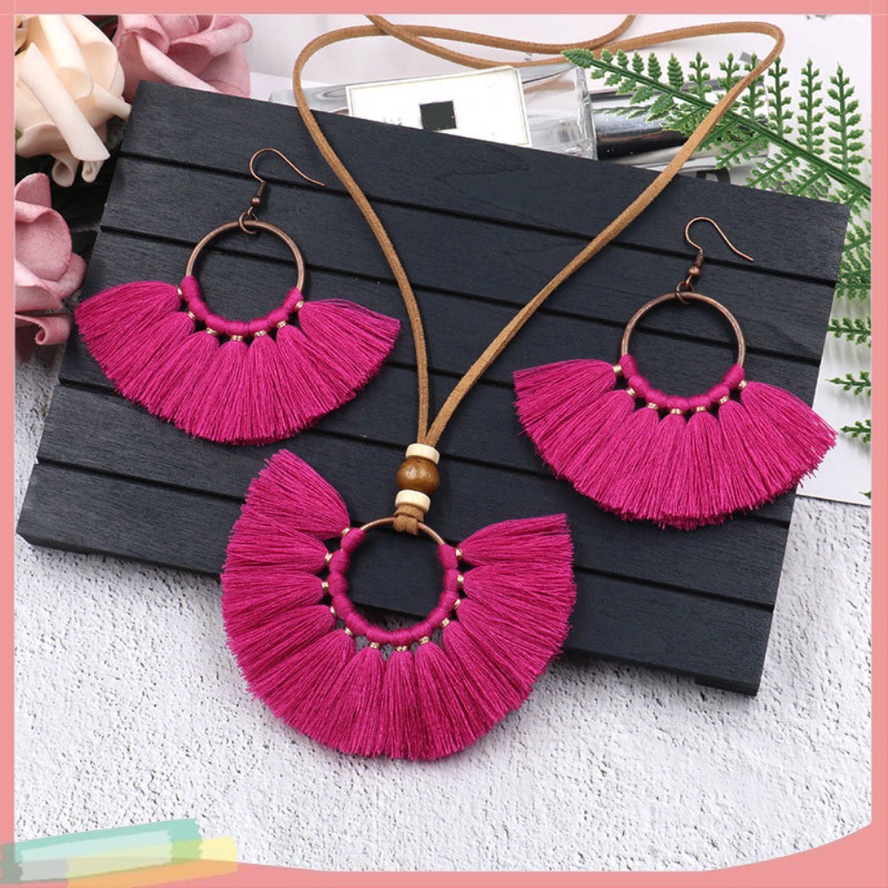 Bộ vòng cổ + Bông Tai Dạng Tua Rua Phong Cách Bohemian