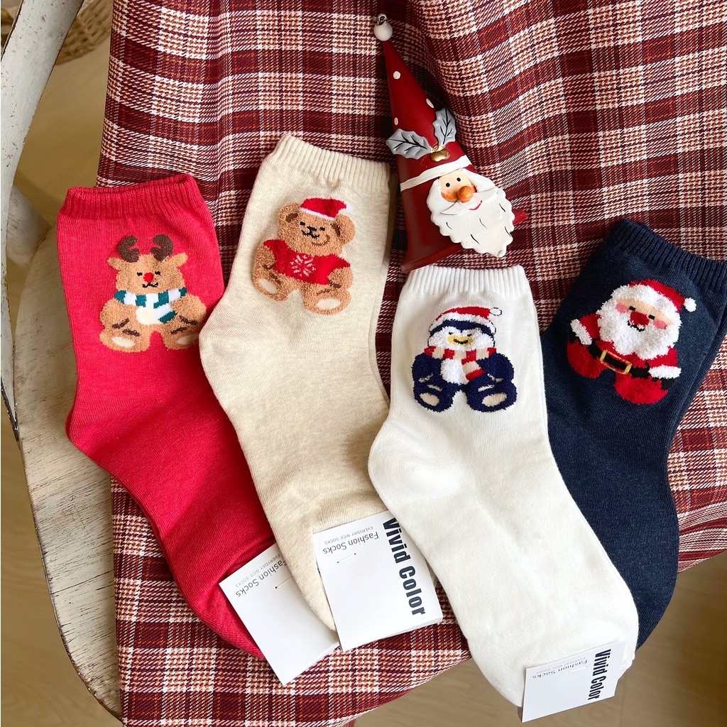 Tất vớ Giáng sinh nữ cổ cao FLUFFY XMAS - Nhập khẩu Hàn Quốc