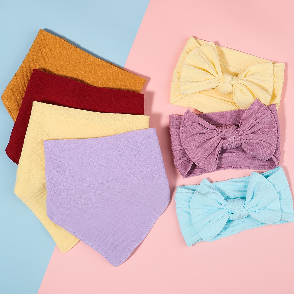 KIDSBOWS Set yếm ăn kèm phụ kiện tóc KIDSBOWS cotton hình tam giác màu trơn chống thấm nước dành cho bé