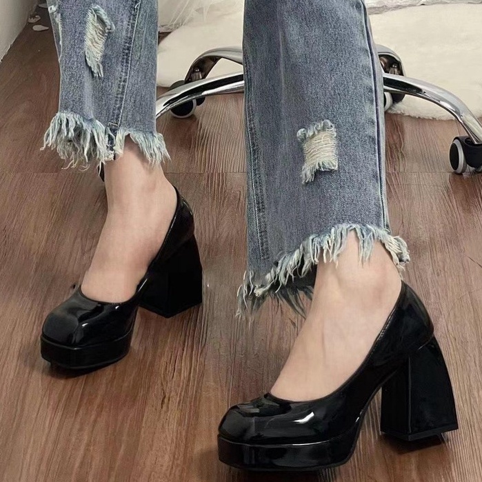 Giày nữ giày cao gót giày mary jane giày lolita cao gót nữ Giày Cao Gót Da Mũi Vuông Đế Dày Thời Trang Cho Nữ