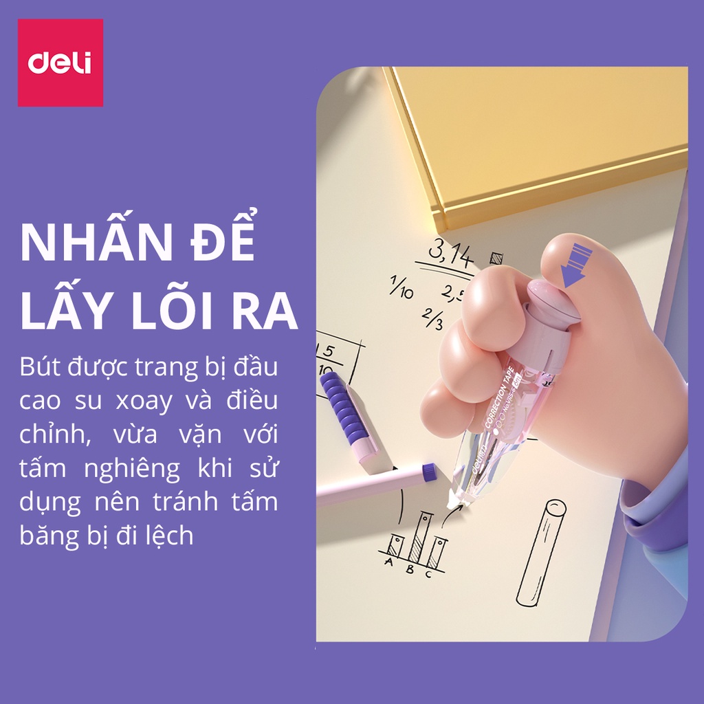 Bút xóa băng có nút bấm 6M Deli - Xóa sạch phủ kín khô nhanh, có thể viết đè lên ngay - Băng kéo cho học sinh, văn phòng