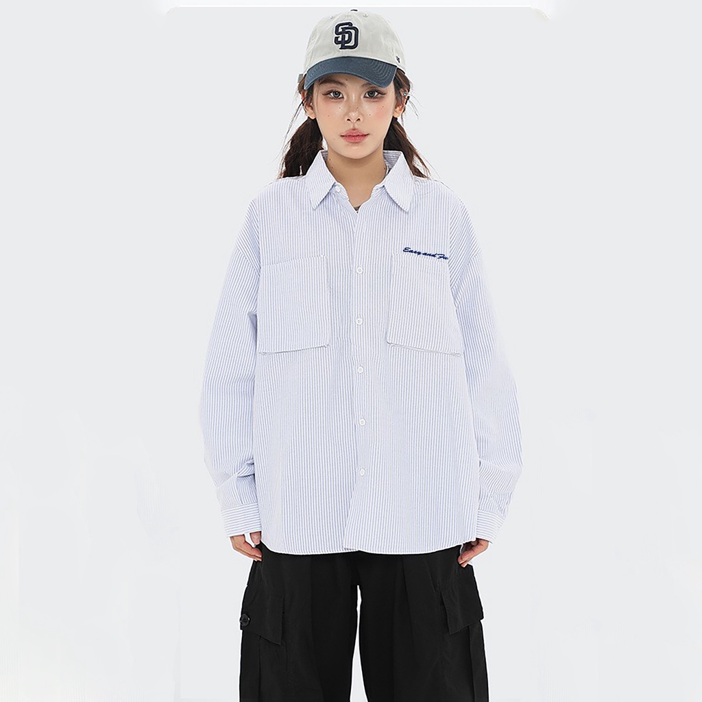 Áo sơ mi kẻ sọc xanh oxford hình thêu nam nữ unisex Alan shirt