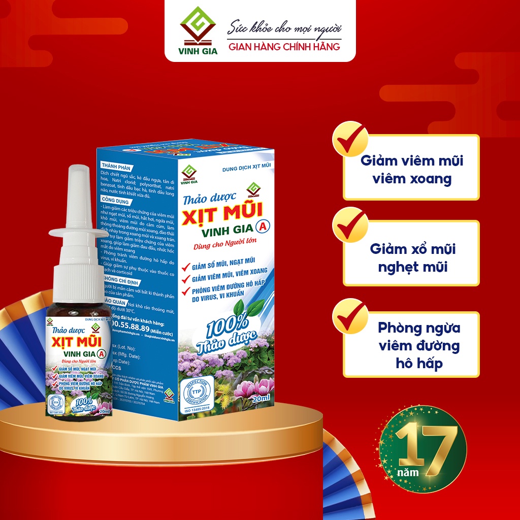 Thảo Dược Xịt Mũi VINH GIA A Giảm Viêm Mũi Viêm Xoang, Sổ Mũi, Phòng Ngừa Viêm Đường Hô Hấp Dùng Cho Người Lớn 20 ml
