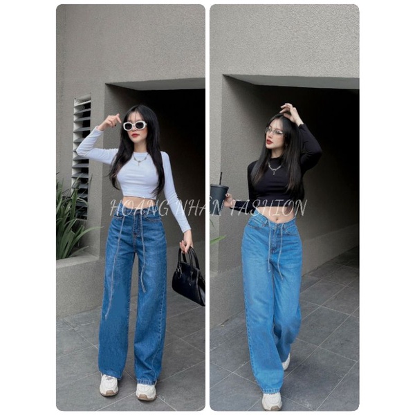 Quần Jeans Baggy lưng cao trơn có dây