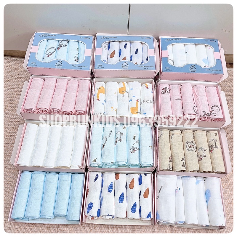 Set 5 Khăn sữa LA Pomme sợi tre 2 lớp cao cấp ( 30x30cm) lapomme khăn sữa sơ sinh cho trẻ em