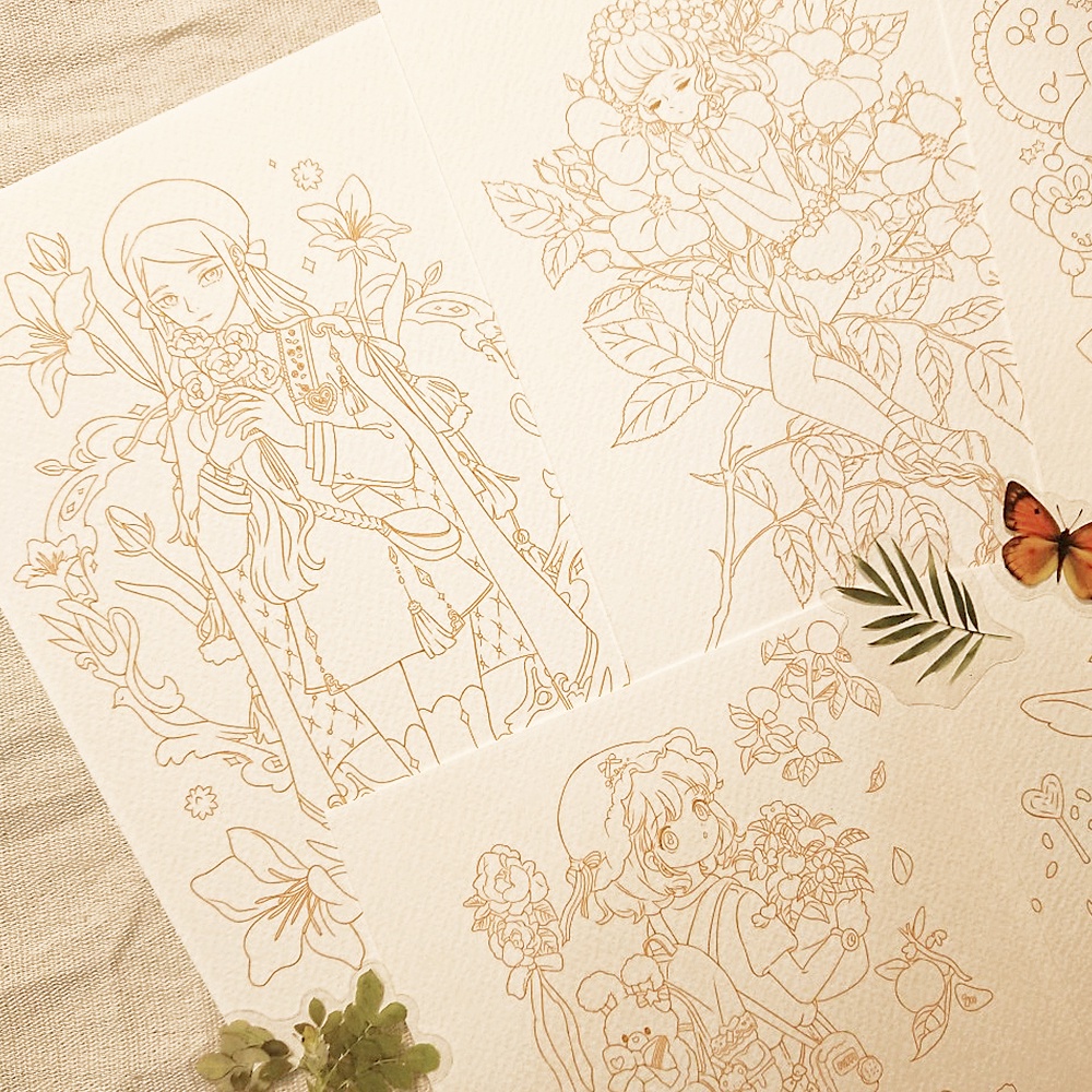 Tranh tô màu / Tranh tô màu nước cô gái phong cách / Line Art / Khổ A5 A4 dày 300gsm