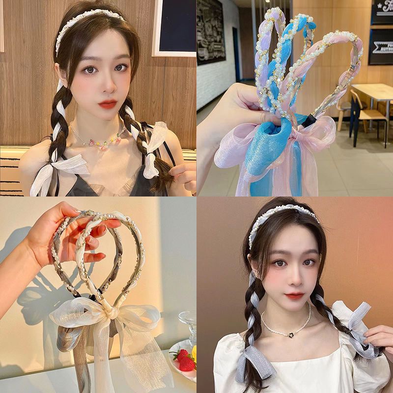 Băng đô đính ngọc trai và nơ bằng vải phong cách Hàn Quốc thanh lịch