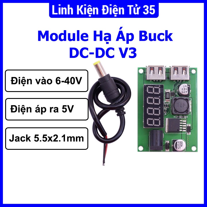 Linh kiện Module hạ áp Buck DC-DC Vin 6-40VDC Vout 5VDC 3A 2 đầu ra USB V3 chuyển đổi điện áp linh hoạt, chất lượng cao