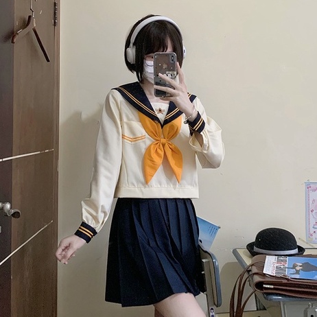 Seifuku/ Set váy đồng phục học sinh Nhật Bản thêu huy hiệu: áo cổ thủy thủ thêu + nơ đuôi cá + chân váy xòe
