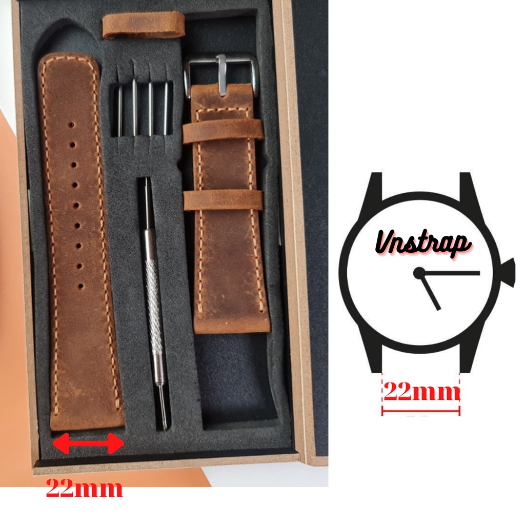 Dây da Daisy nâu đất chất liệu da sáp dành cho Apple Watch, đồng hồ cơ, pin size 20MM,22MM,24MM