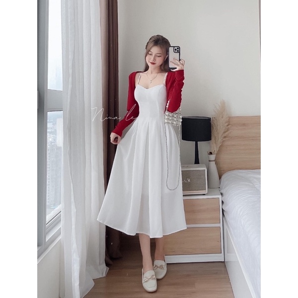 Set váy 2d rớt vai kèm khoác