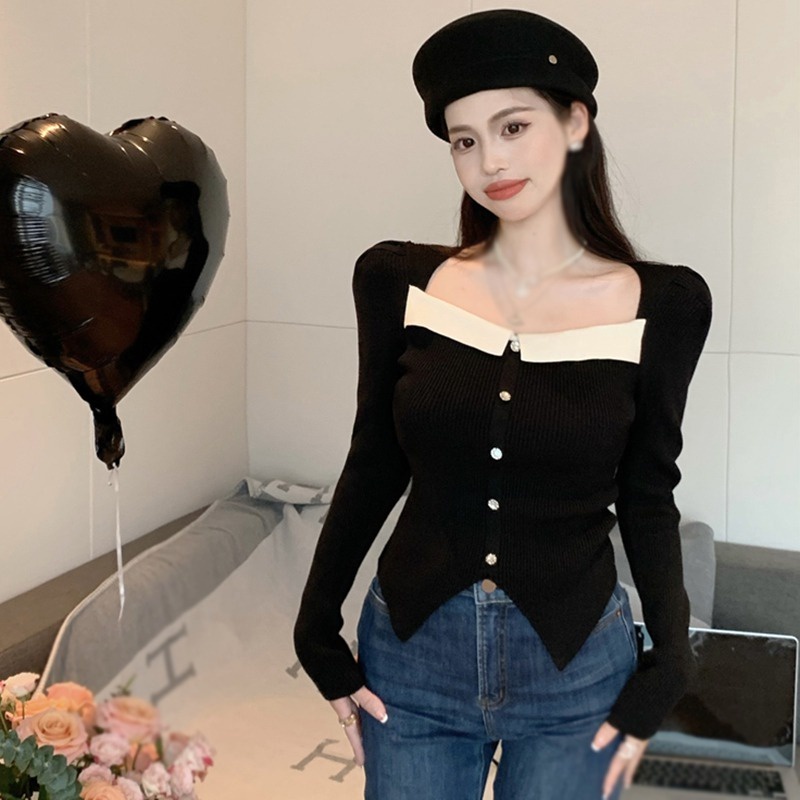 Áo Dệt Kim Nữ Tay Dài Cổ Vuông Gợi Cảm