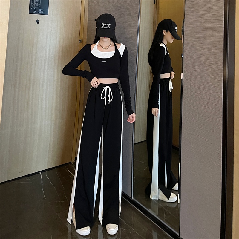 Quần ống rộng Xẻ Tà Phối Màu Tương Phản Thời Trang Mùa Thu Mới Cho Nữ