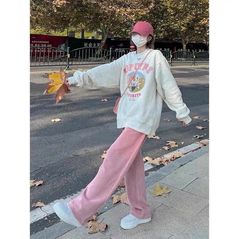 Set Bộ Nỉ Thu Đông Foruyes, áo nỉ Sweater tay bồng kèm quần suông nhung tăm hồng