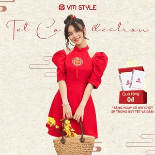 Đầm đỏ nữ VMSTYLE tay ngắn phồng thiết kế cổ yếm thêu hình thời trang Tết 08614 - VDU00301