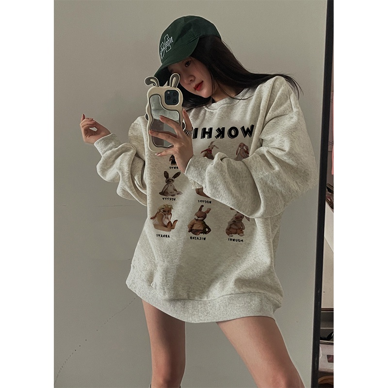 Áo khoác NRVP thể thao tay dài dáng rộng in hình thỏ năm 2023 phong cách Trung Hoa Hàn Quốc cho nữ