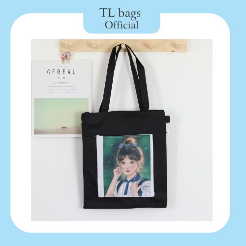 Túi tote, túi vải đeo vai, đi học đi chơi tiện lợi, màu đen dáng vuông, khóa kéo ngăn chính, in hình bên ngoài cute | BigBuy360 - bigbuy360.vn