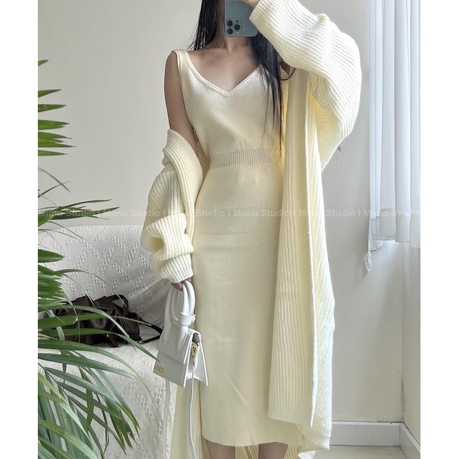 Set Áo khoác len dáng dài phối nón - Đầm len dài cổ v ( Có bán tách set)