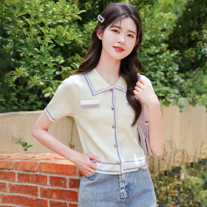 Áo cardigan Dệt Kim Ngắn Tay Phối Màu Tương Phản Thời Trang Hàn Quốc Cho Nữ