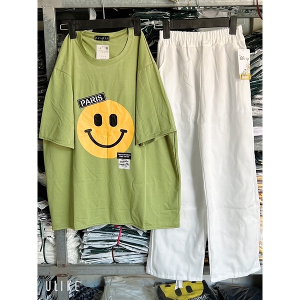 Set Áo Thun Mặt Cười Drew Mix Quần Kaki Trắng Hot From Thụng Dáng Unisex