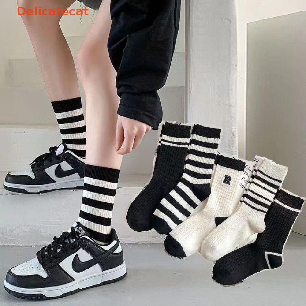 Vớ Cotton Ống Trung Thêu Chữ Đơn Giản Màu Trắng Đen Thoáng Khí Thời Trang Mùa Thu Cho Nữ