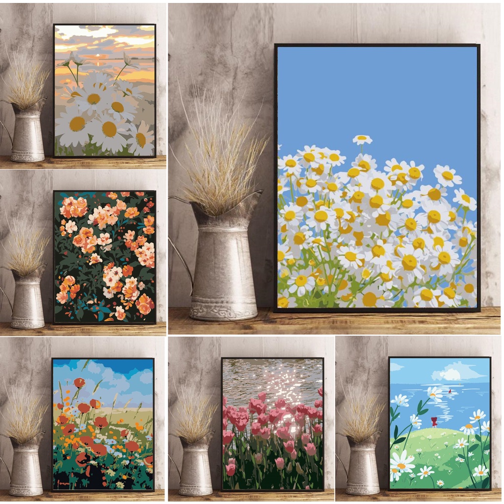 Tranh Số Hóa Tô Màu Theo Số Kích Thước 30x40cm Hình Hoa Cúc (không kèm khung)