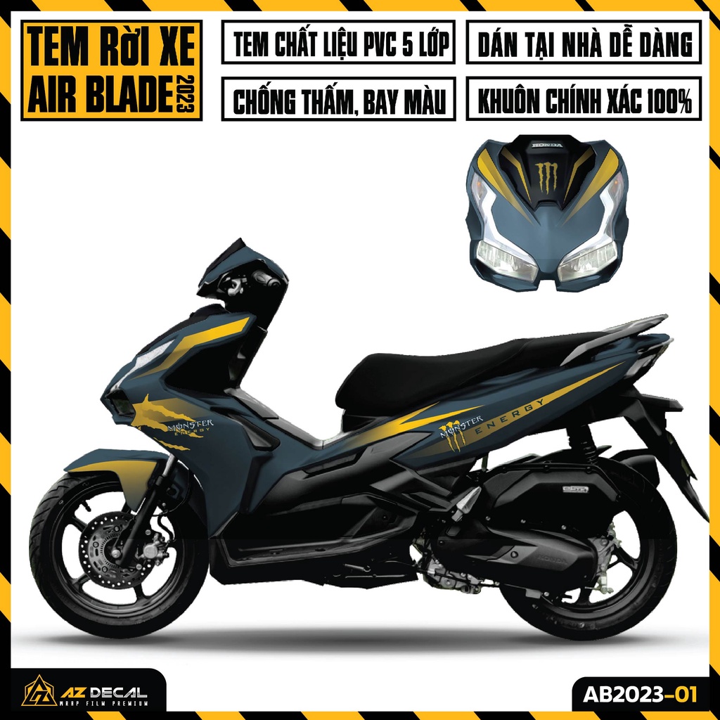Tem AirBlade 2023 Thiết Kế Monster Energy | AB2023-01 | Team Decal Dán Xe Máy AB Air Blade 125 160 Chống Nước Bền Màu