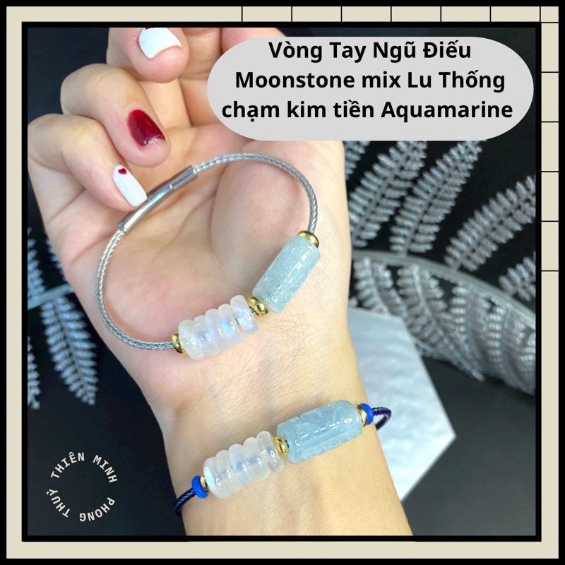 Vòng Tay Đồng Điếu đá Mặt Trăng mix Lu Thống xanh hợp mệnh Kim và Thuỷ