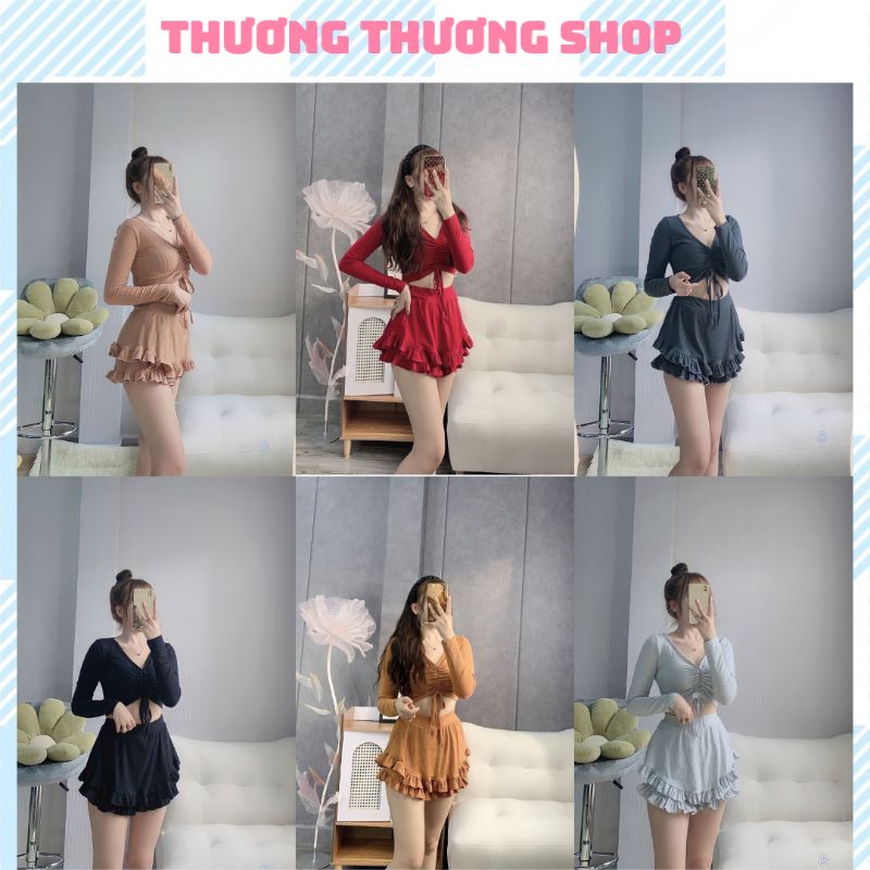 Sét ÁO CROPTOP TAY DÀI PHỐI RÚT NGỰC QUẦN 2 TẦNG BÈO Dáng Xinh Xắn, chất thun gân co giãn thoải mái.