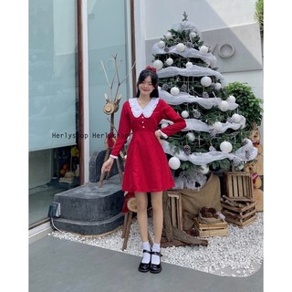 Đầm xoè phối cổ sen trắng tay dài