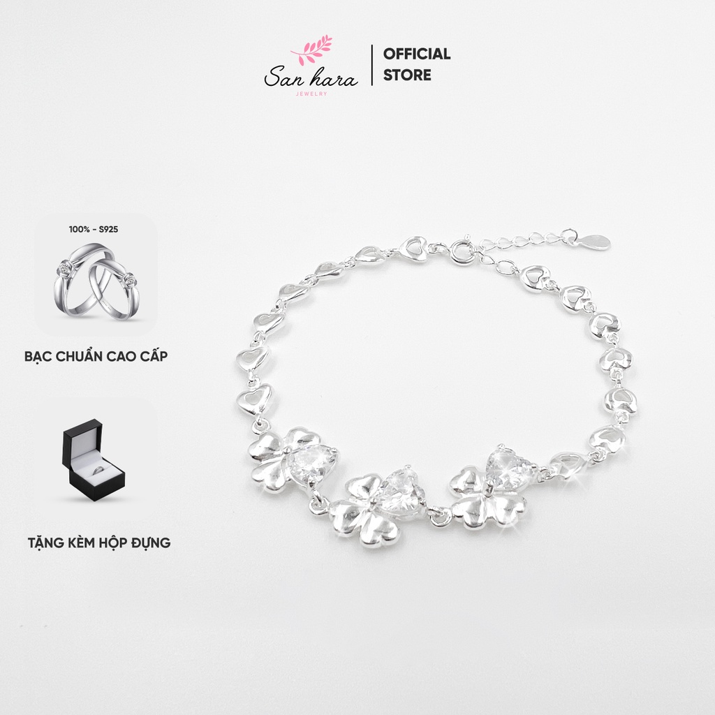 Vòng tay bạc nữ, Lắc tay bạc nữ hình cỏ 4 lá đính đá hình trái tim cao cấp, sang trọng Pramos LTS001