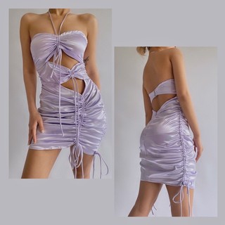 [ẢNH THẬT] Đầm lụa body nhún dây rút tím pastel