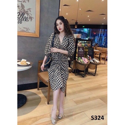 (Siêu Sale tháng 12) Đầm caro nữ cổ V tay phồng,đầm nữ rút dây 2 màu đỏ đen,chất đẹp lên from xinh xĩu