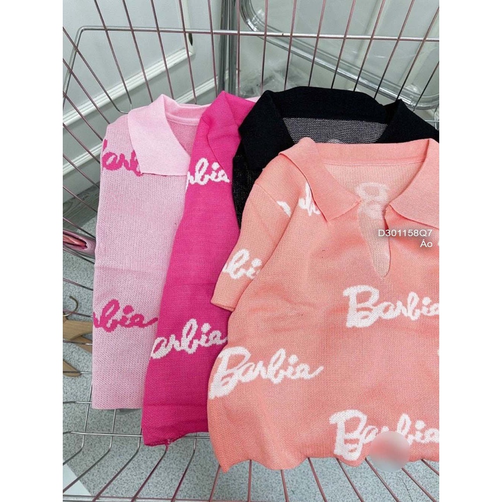 Áo len croptop họa tiết chữ barbie cổ bẻ tay con hàng QC