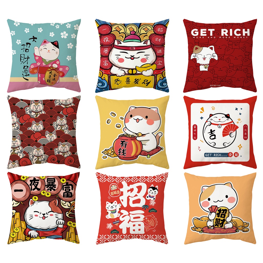 Bao Gối Maneki Neko Cỡ Lớn 45X45.50X50.60X60.Vỏ Bọc Đệm Ghế sofa Trang Trí Năm Mới In Hình Mèo