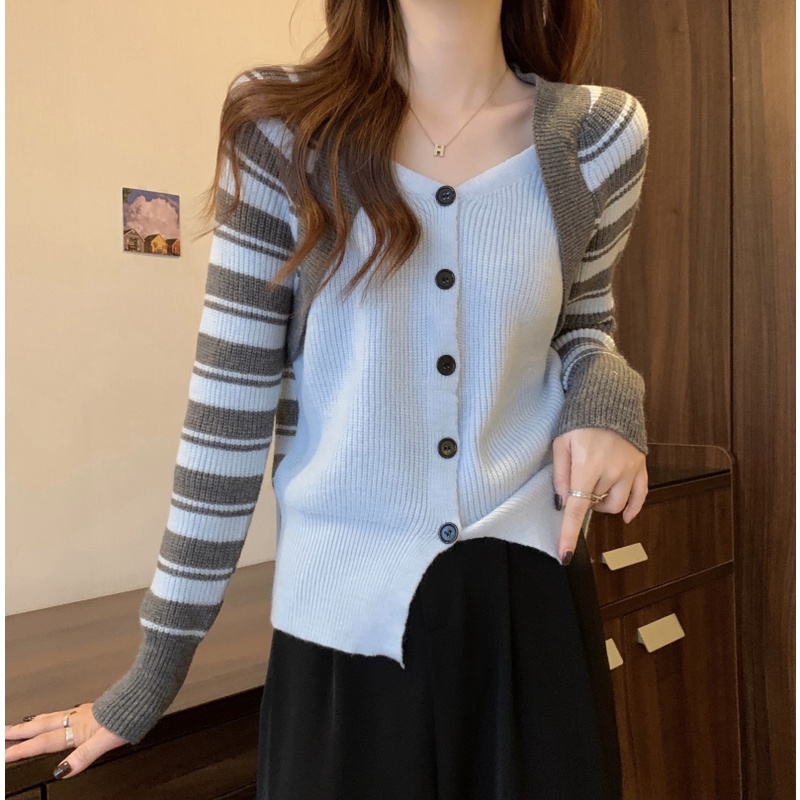 Áo Khoác cardigan Dệt Kim Tay Dài Kẻ Sọc Giả Hai Lớp Cá Tính