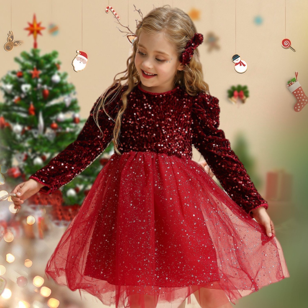 Đầm Công Chúa / Năm Mới / Ông Già Noel Đính Kim Sa Lấp Lánh Kèm Băng Đô Xinh Xắn Cho Bé Gái